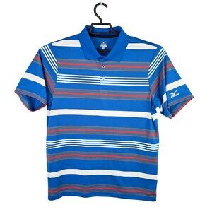 Mens Mizuno Blue Striped Polo Shirt Short Sleeve Microclimate Polyester Size M